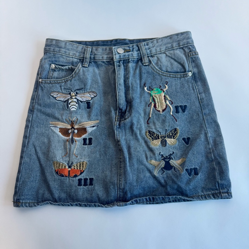 Embroidered Denim Skirt with Insect Motifs